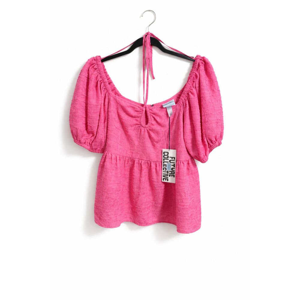 Pink Textured Puff Sleeve Babydoll Top Tie Front, Open Back, Feminine Blouse